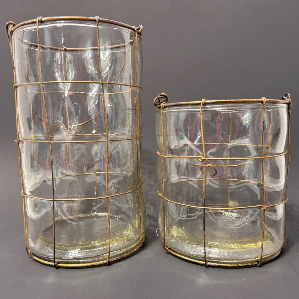 Rustic Wire Cage Glass Cylinder Vases Set of 2 Hurricane Candle Holders Gold